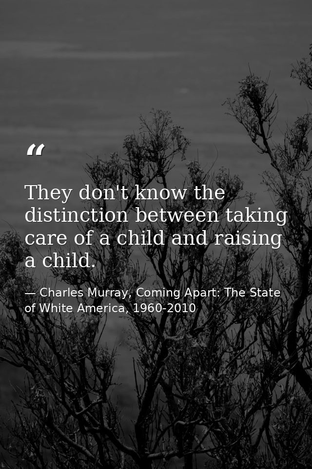 They don't know the distinction between taking care of a child and raising a child. — Charles Murray, Coming Apart: The State of White America, 1960-2010