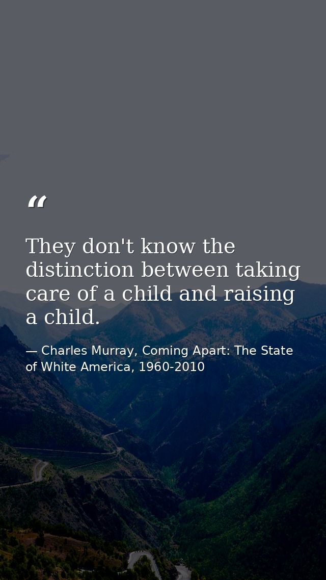 They don't know the distinction between taking care of a child and raising a child. — Charles Murray, Coming Apart: The State of White America, 1960-2010