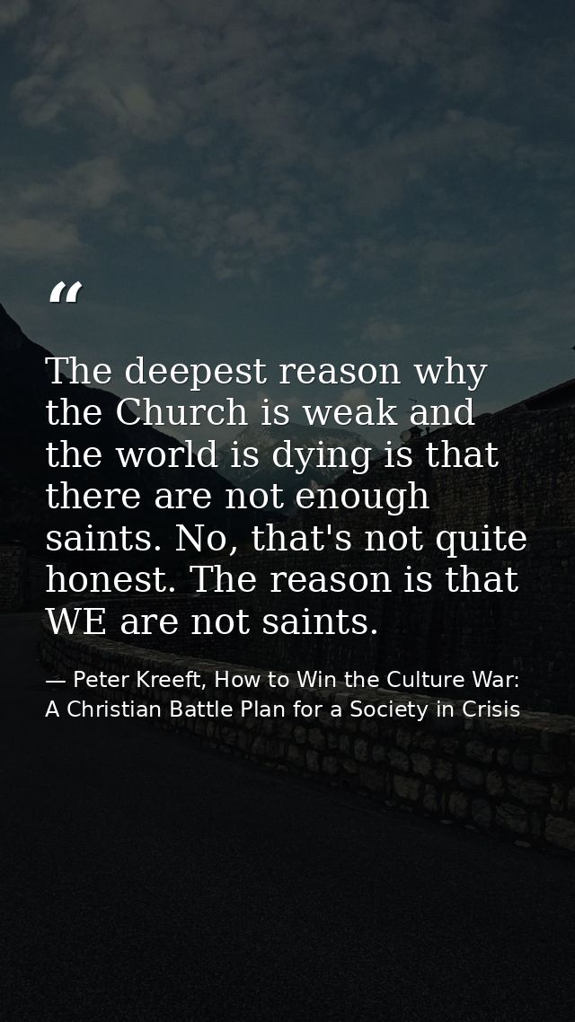 The deepest reason why the Church is weak and the world is dying is that there are not enough saints. No, that's not qui — Peter Kreeft, How to Win the Culture War: A Christian Battle Plan for a Society in Crisis