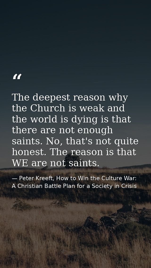 The deepest reason why the Church is weak and the world is dying is that there are not enough saints. No, that's not qui — Peter Kreeft, How to Win the Culture War: A Christian Battle Plan for a Society in Crisis