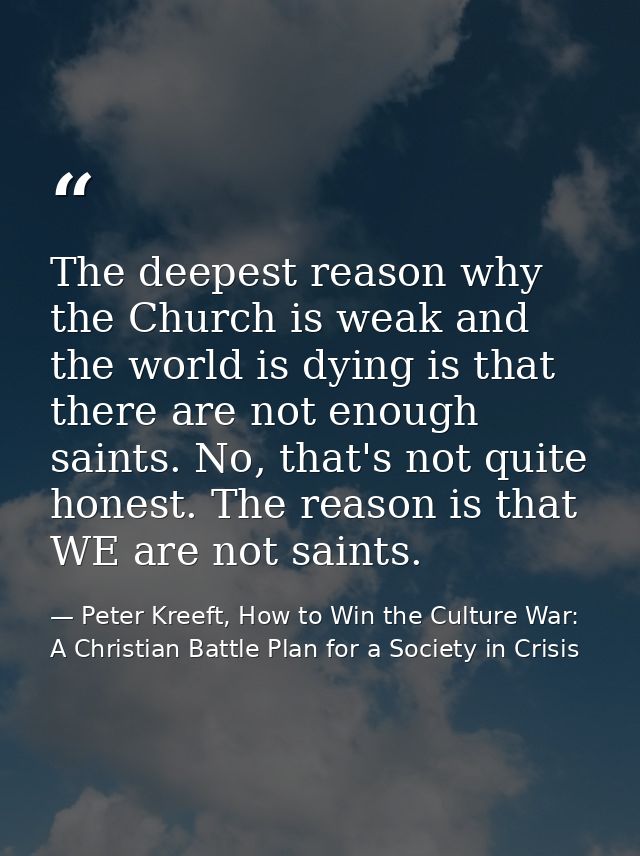 The deepest reason why the Church is weak and the world is dying is that there are not enough saints. No, that's not qui — Peter Kreeft, How to Win the Culture War: A Christian Battle Plan for a Society in Crisis