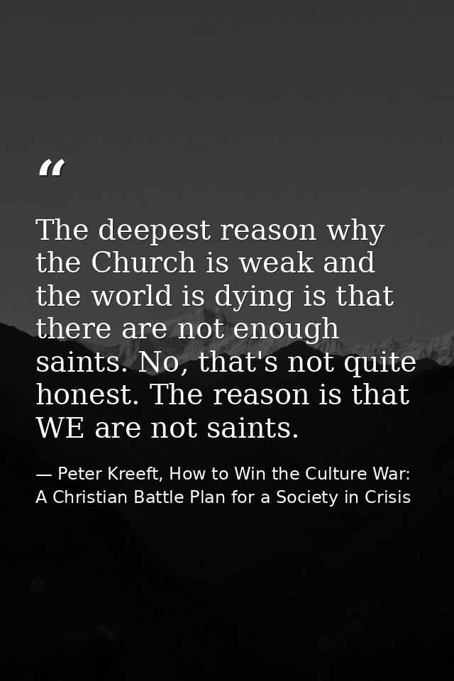 The deepest reason why the Church is weak and the world is dying is that there are not enough saints. No, that's not qui — Peter Kreeft, How to Win the Culture War: A Christian Battle Plan for a Society in Crisis