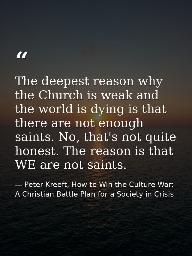 The deepest reason why the Church is weak and the world is dying is that there are not enough saints. No, that's not qui — Peter Kreeft, How to Win the Culture War: A Christian Battle Plan for a Society in Crisis