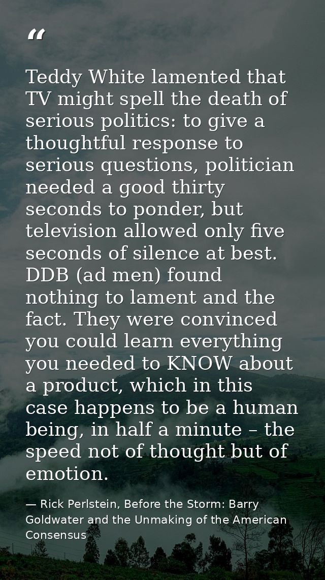 Teddy White lamented that TV might spell the death of serious politics: to give a thoughtful response to serious questio — Rick Perlstein, Before the Storm: Barry Goldwater and the Unmaking of the American Consensus