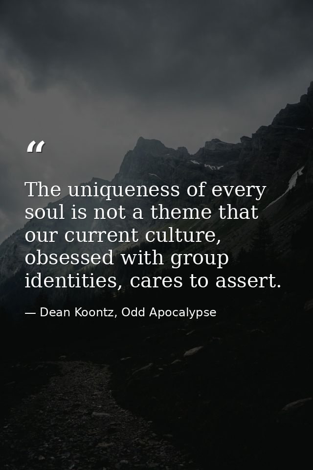 The uniqueness of every soul is not a theme that our current culture, obsessed with group identities, cares to assert. — Dean Koontz, Odd Apocalypse
