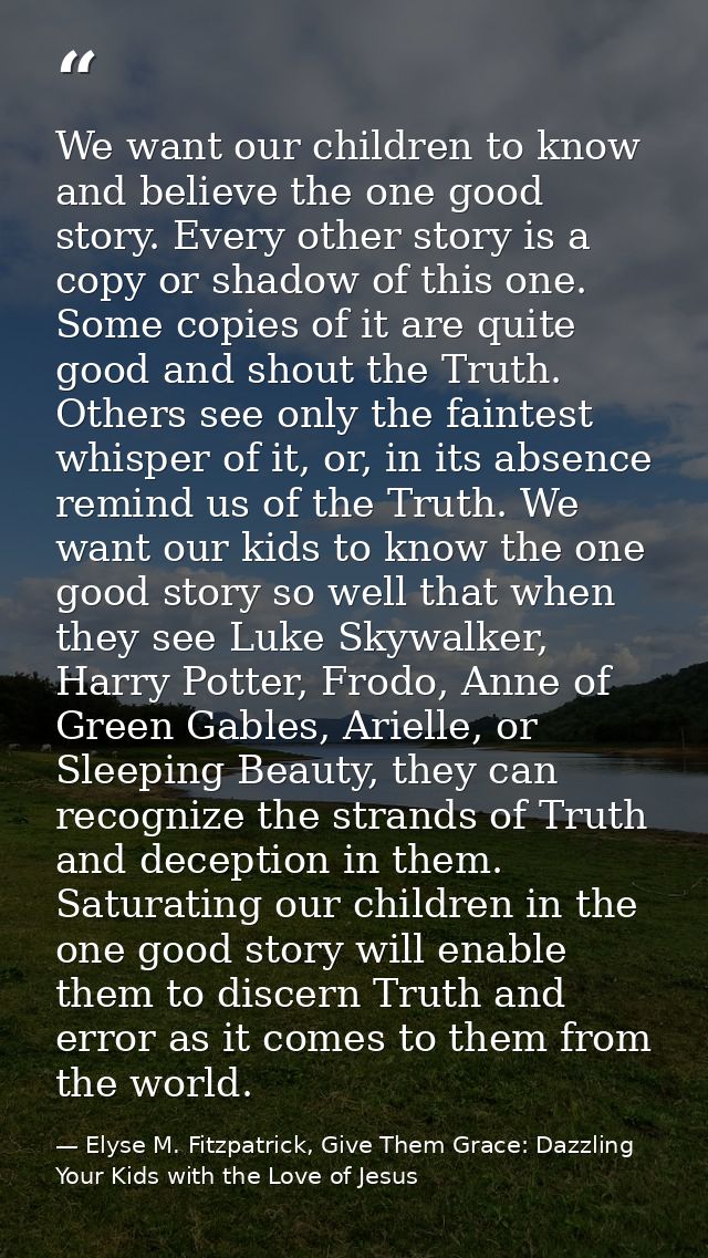We want our children to know and believe the one good story. Every other story is a copy or shadow of this one. Some cop — Elyse M. Fitzpatrick, Give Them Grace: Dazzling Your Kids with the Love of Jesus