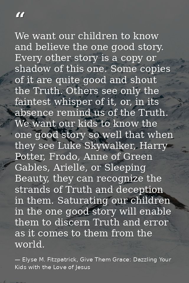We want our children to know and believe the one good story. Every other story is a copy or shadow of this one. Some cop — Elyse M. Fitzpatrick, Give Them Grace: Dazzling Your Kids with the Love of Jesus