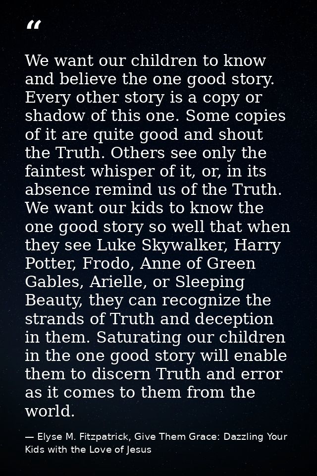 We want our children to know and believe the one good story. Every other story is a copy or shadow of this one. Some cop — Elyse M. Fitzpatrick, Give Them Grace: Dazzling Your Kids with the Love of Jesus