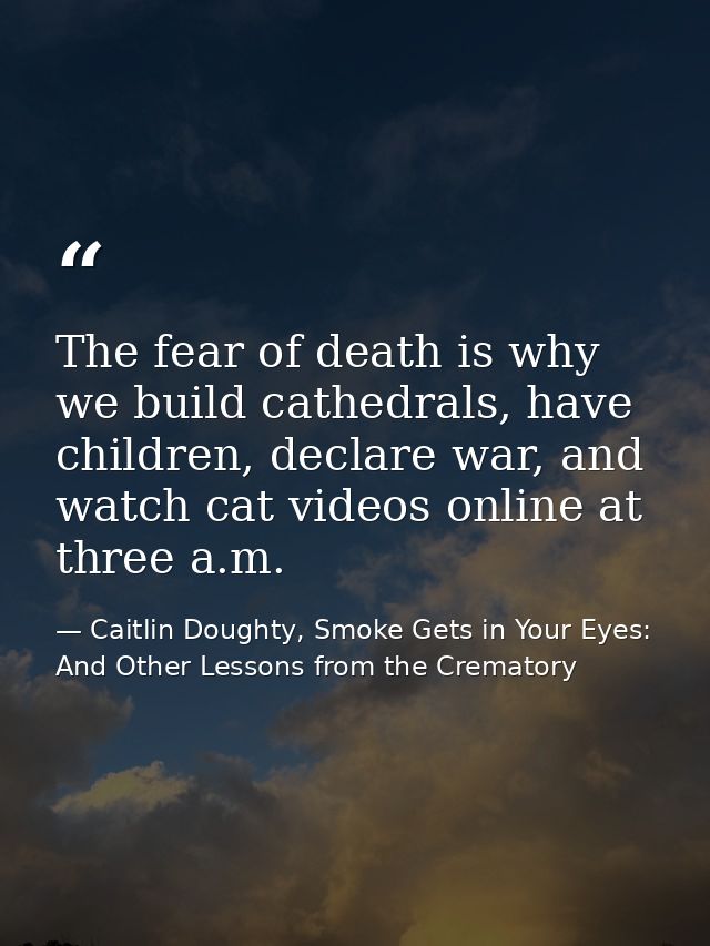 The fear of death is why we build cathedrals, have children, declare war, and watch cat videos online at three a.m. — Caitlin Doughty, Smoke Gets in Your Eyes: And Other Lessons from the Crematory