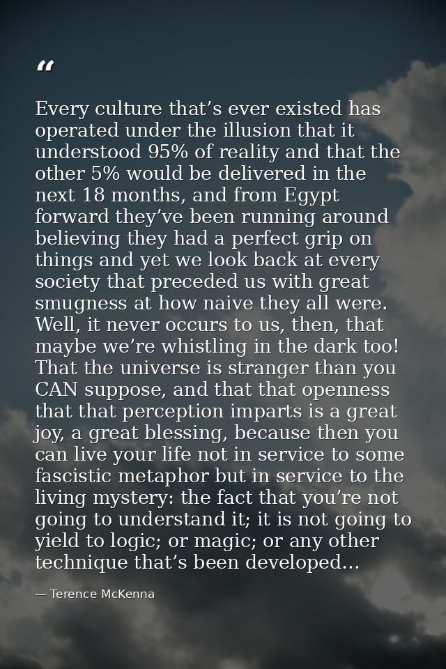 Every culture that’s ever existed has operated under the illusion that it understood 95% of reality and that the other 5 — Terence McKenna