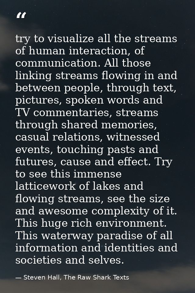 try to visualize all the streams of human interaction, of communication. All those linking streams flowing in and betwee — Steven Hall, The Raw Shark Texts