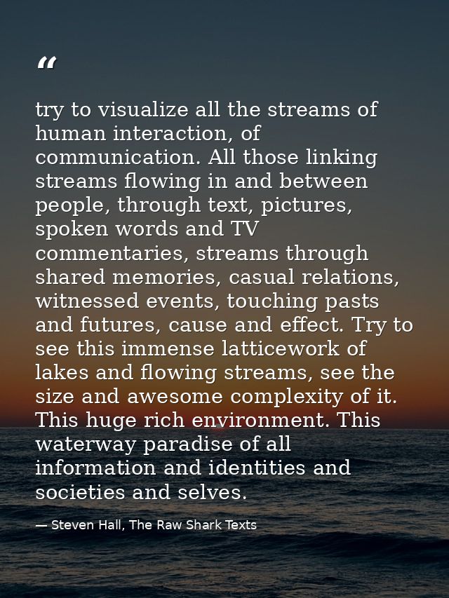 try to visualize all the streams of human interaction, of communication. All those linking streams flowing in and betwee — Steven Hall, The Raw Shark Texts