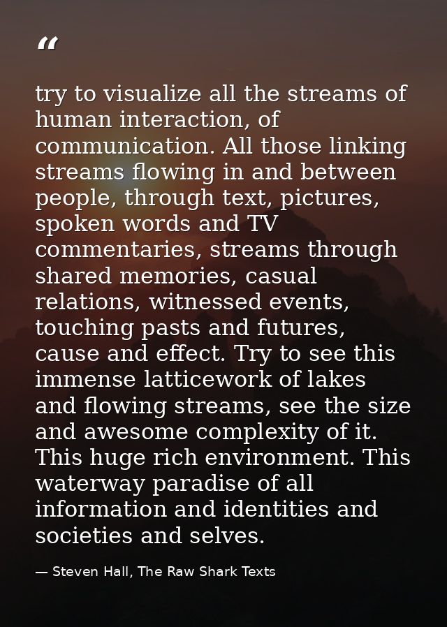 try to visualize all the streams of human interaction, of communication. All those linking streams flowing in and betwee — Steven Hall, The Raw Shark Texts