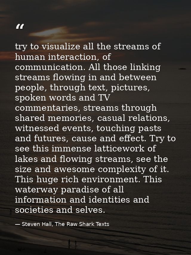 try to visualize all the streams of human interaction, of communication. All those linking streams flowing in and betwee — Steven Hall, The Raw Shark Texts