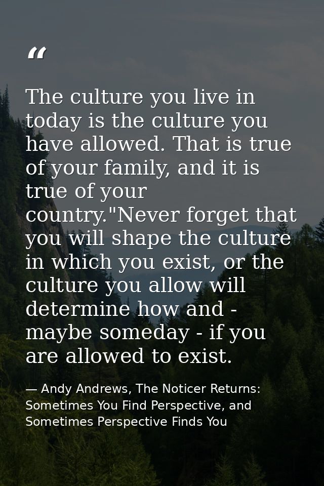The culture you live in today is the culture you have allowed. That is true of your family, and it is true of your count — Andy Andrews, The Noticer Returns: Sometimes You Find Perspective, and Sometimes Perspective Finds You