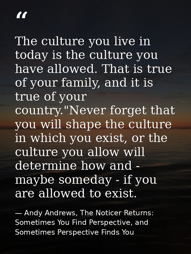 The culture you live in today is the culture you have allowed. That is true of your family, and it is true of your count — Andy Andrews, The Noticer Returns: Sometimes You Find Perspective, and Sometimes Perspective Finds You