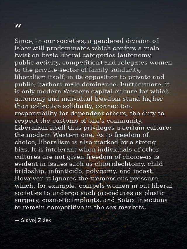 Since, in our societies, a gendered division of labor still predominates which confers a male twist on basic liberal cat — Slavoj Žižek