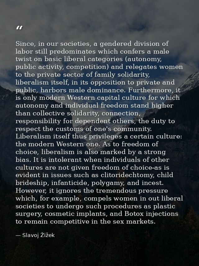 Since, in our societies, a gendered division of labor still predominates which confers a male twist on basic liberal cat — Slavoj Žižek