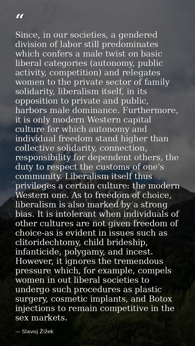 Since, in our societies, a gendered division of labor still predominates which confers a male twist on basic liberal cat — Slavoj Žižek