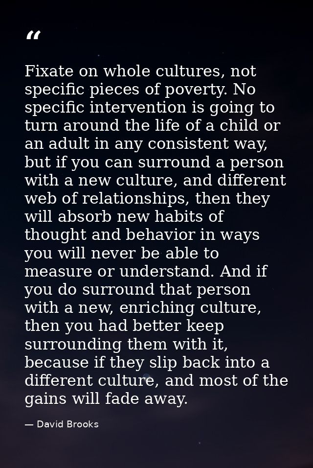 Fixate on whole cultures, not specific pieces of poverty. No specific intervention is going to turn around the life of a — David Brooks