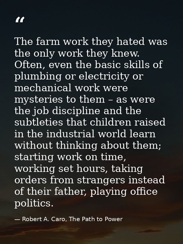 The farm work they hated was the only work they knew. Often, even the basic skills of plumbing or electricity or mechani — Robert A. Caro, The Path to Power