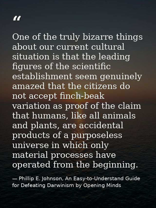 One of the truly bizarre things about our current cultural situation is that the leading figures of the scientific estab — Phillip E. Johnson, An Easy-to-Understand Guide for Defeating Darwinism by Opening Minds