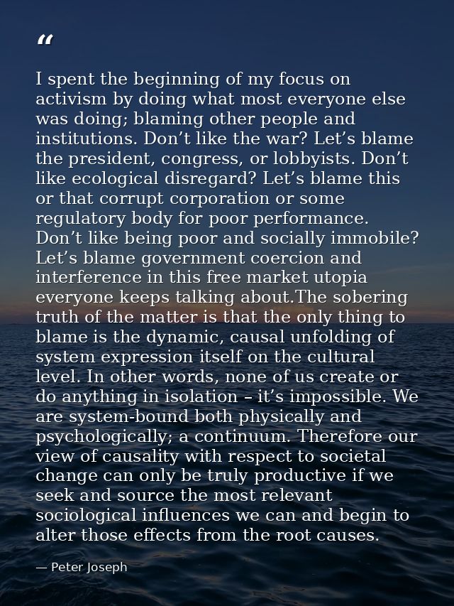 I spent the beginning of my focus on activism by doing what most everyone else was doing; blaming other people and insti — Peter Joseph