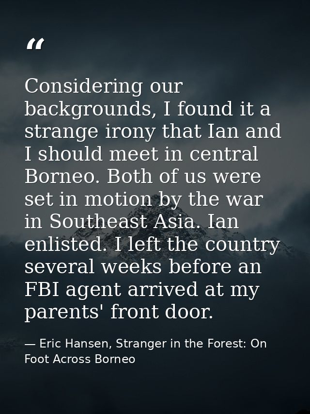 Considering our backgrounds, I found it a strange irony that Ian and I should meet in central Borneo. Both of us were se — Eric Hansen, Stranger in the Forest: On Foot Across Borneo