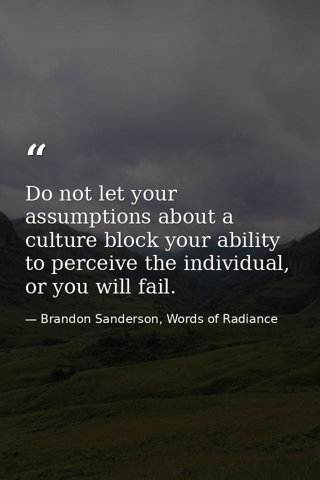 Do not let your assumptions about a culture block your ability to perceive the individual, or you will fail. — Brandon Sanderson, Words of Radiance
