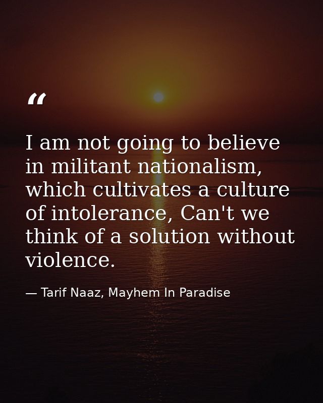 I am not going to believe in militant nationalism, which cultivates a culture of intolerance, Can't we think of a soluti — Tarif Naaz, Mayhem In Paradise