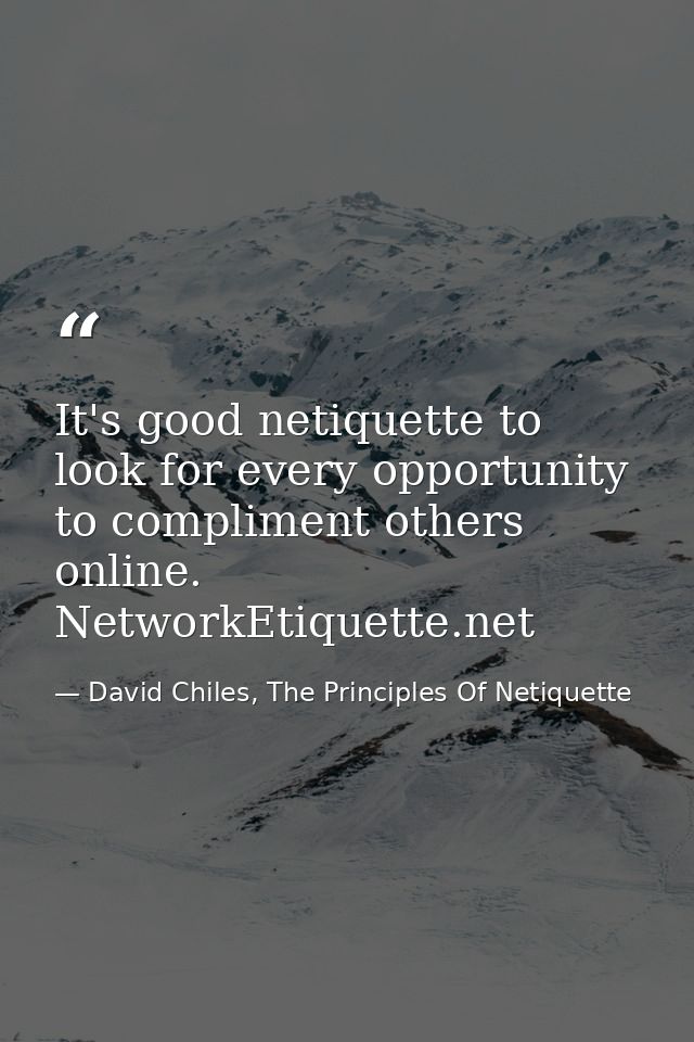 It's good netiquette to look for every opportunity to compliment others online. NetworkEtiquette.net — David Chiles, The Principles Of Netiquette