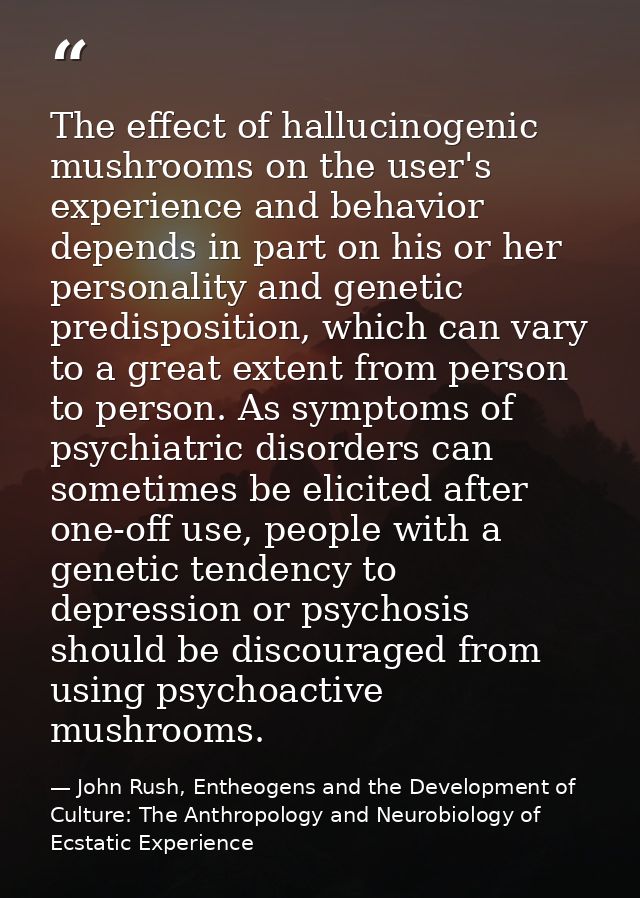 The effect of hallucinogenic mushrooms on the user's experience and behavior depends in part on his or her personality a — John Rush, Entheogens and the Development of Culture: The Anthropology and Neurobiology of Ecstatic Experience
