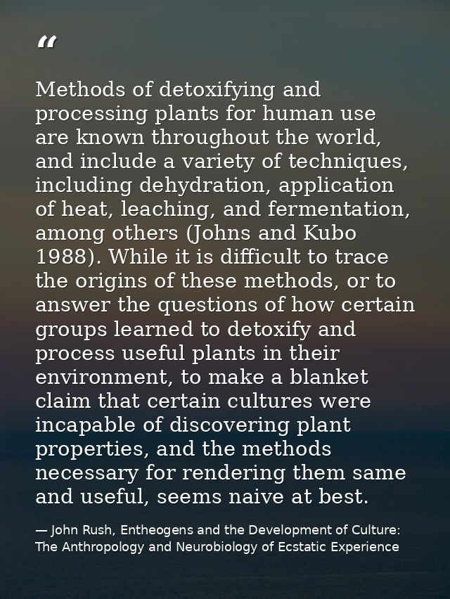 Methods of detoxifying and processing plants for human use are known throughout the world, and include a variety of tech — John Rush, Entheogens and the Development of Culture: The Anthropology and Neurobiology of Ecstatic Experience