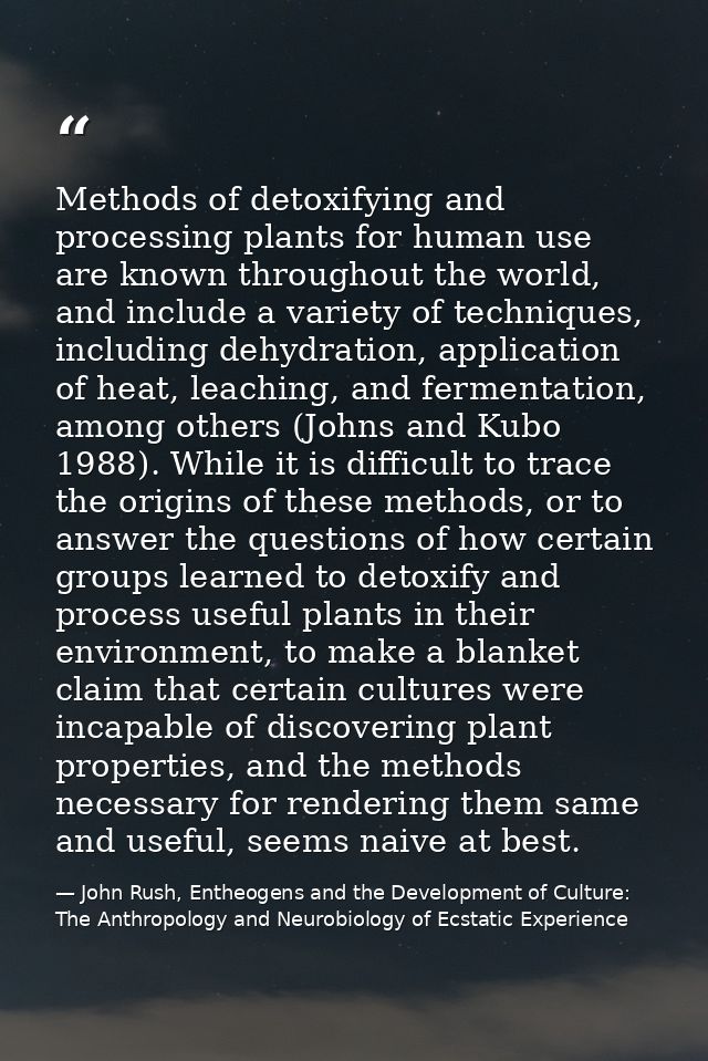 Methods of detoxifying and processing plants for human use are known throughout the world, and include a variety of tech — John Rush, Entheogens and the Development of Culture: The Anthropology and Neurobiology of Ecstatic Experience