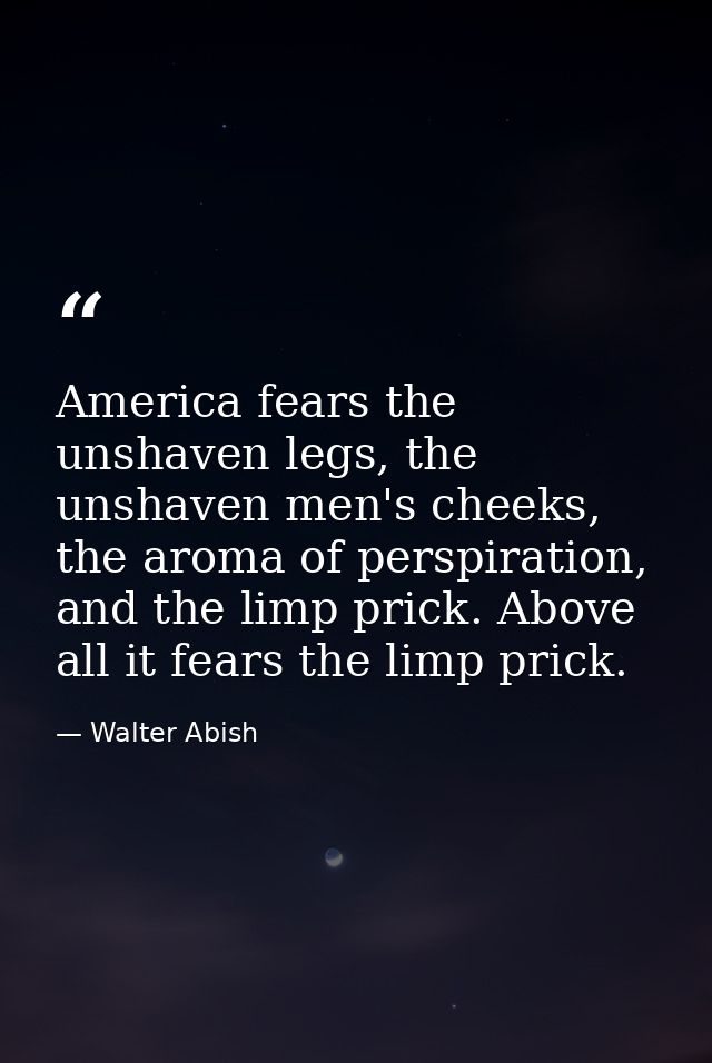 America fears the unshaven legs, the unshaven men's cheeks, the aroma of perspiration, and the limp prick. Above all it  — Walter Abish