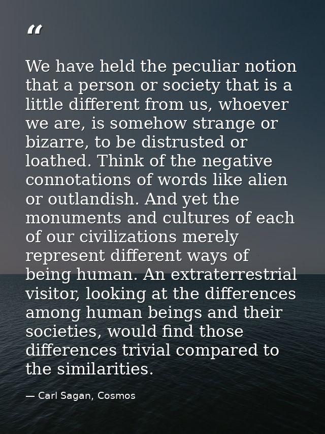 We have held the peculiar notion that a person or society that is a little different from us, whoever we are, is somehow — Carl Sagan, Cosmos