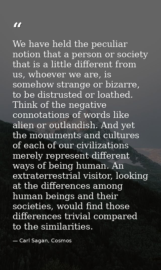 We have held the peculiar notion that a person or society that is a little different from us, whoever we are, is somehow — Carl Sagan, Cosmos