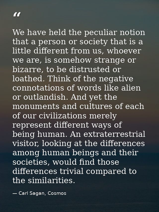 We have held the peculiar notion that a person or society that is a little different from us, whoever we are, is somehow — Carl Sagan, Cosmos