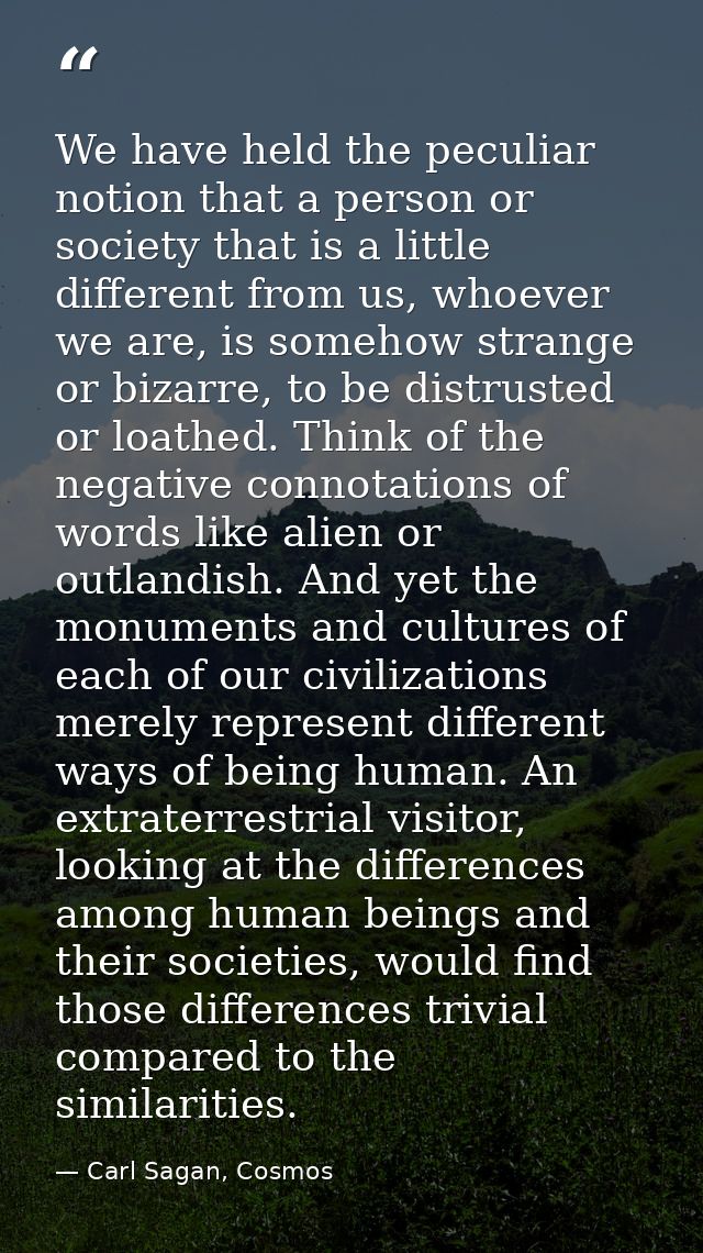 We have held the peculiar notion that a person or society that is a little different from us, whoever we are, is somehow — Carl Sagan, Cosmos
