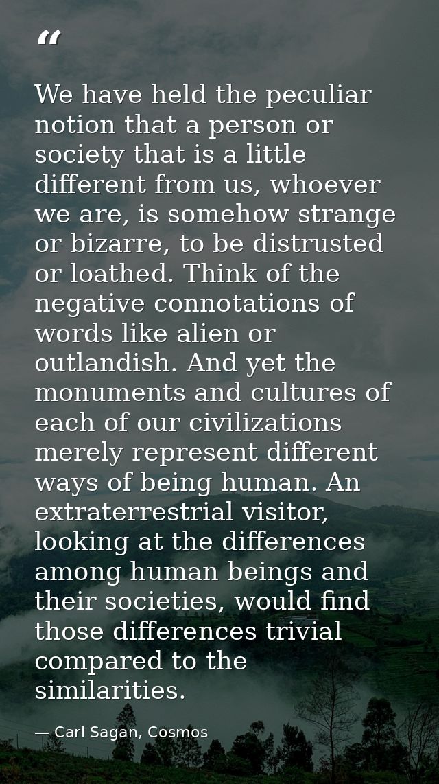 We have held the peculiar notion that a person or society that is a little different from us, whoever we are, is somehow — Carl Sagan, Cosmos