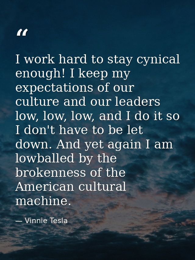 I work hard to stay cynical enough! I keep my expectations of our culture and our leaders low, low, low, and I do it so  — Vinnie Tesla