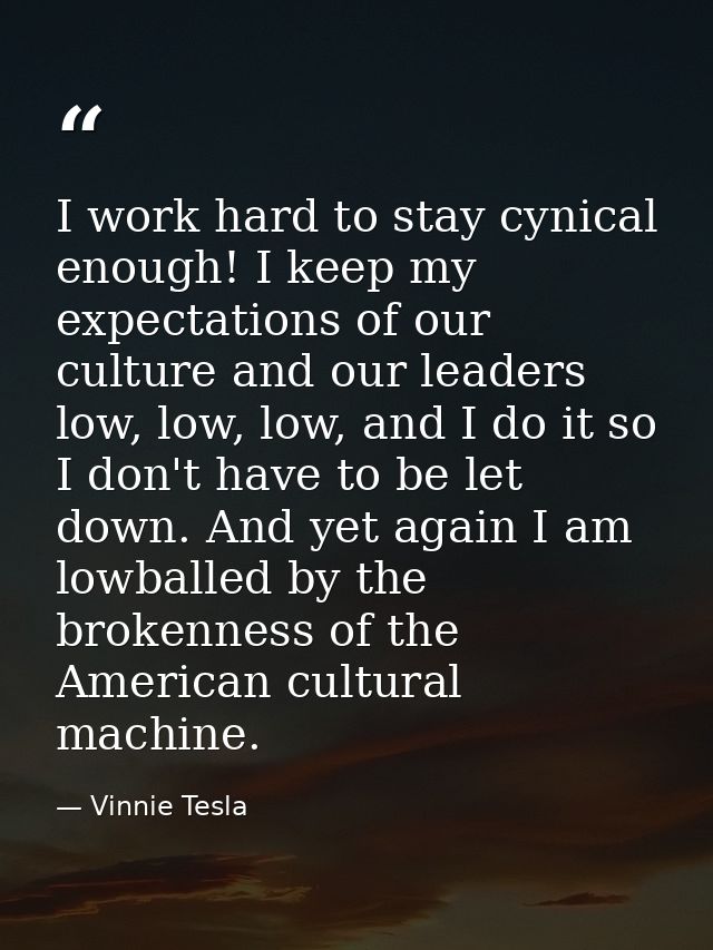 I work hard to stay cynical enough! I keep my expectations of our culture and our leaders low, low, low, and I do it so  — Vinnie Tesla