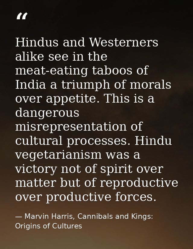 Hindus and Westerners alike see in the meat-eating taboos of India a triumph of morals over appetite. This is a dangerou — Marvin Harris, Cannibals and Kings: Origins of Cultures