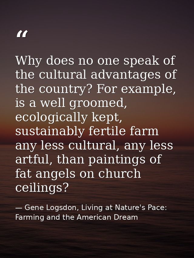 Why does no one speak of the cultural advantages of the country? For example, is a well groomed, ecologically kept, sust — Gene Logsdon, Living at Nature's Pace: Farming and the American Dream