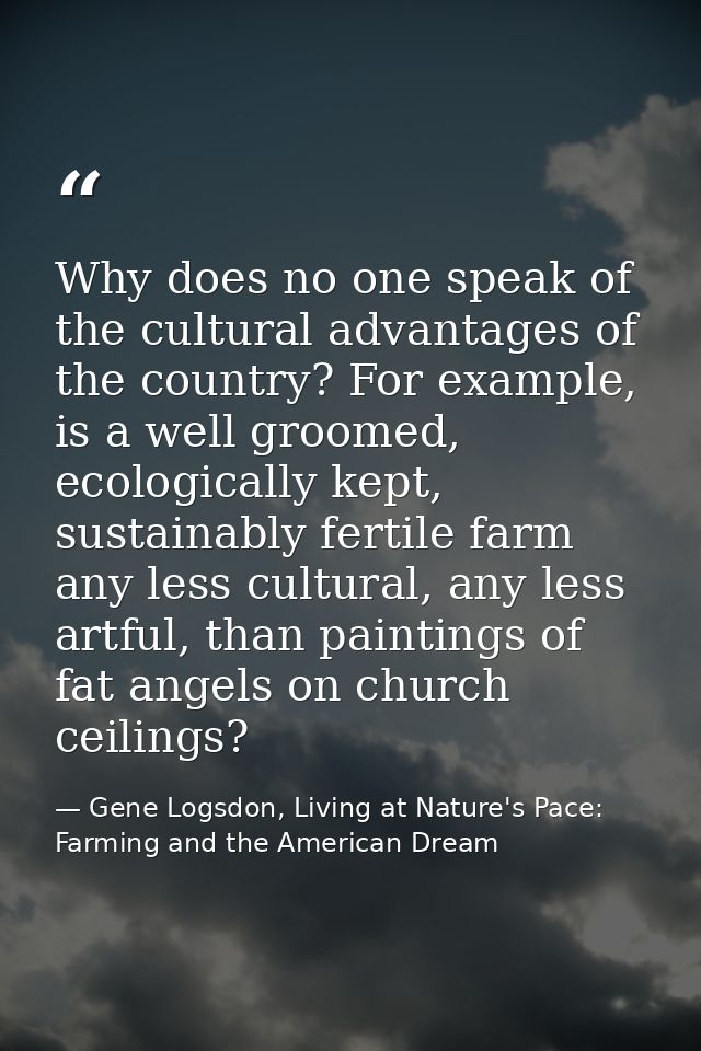 Why does no one speak of the cultural advantages of the country? For example, is a well groomed, ecologically kept, sust — Gene Logsdon, Living at Nature's Pace: Farming and the American Dream