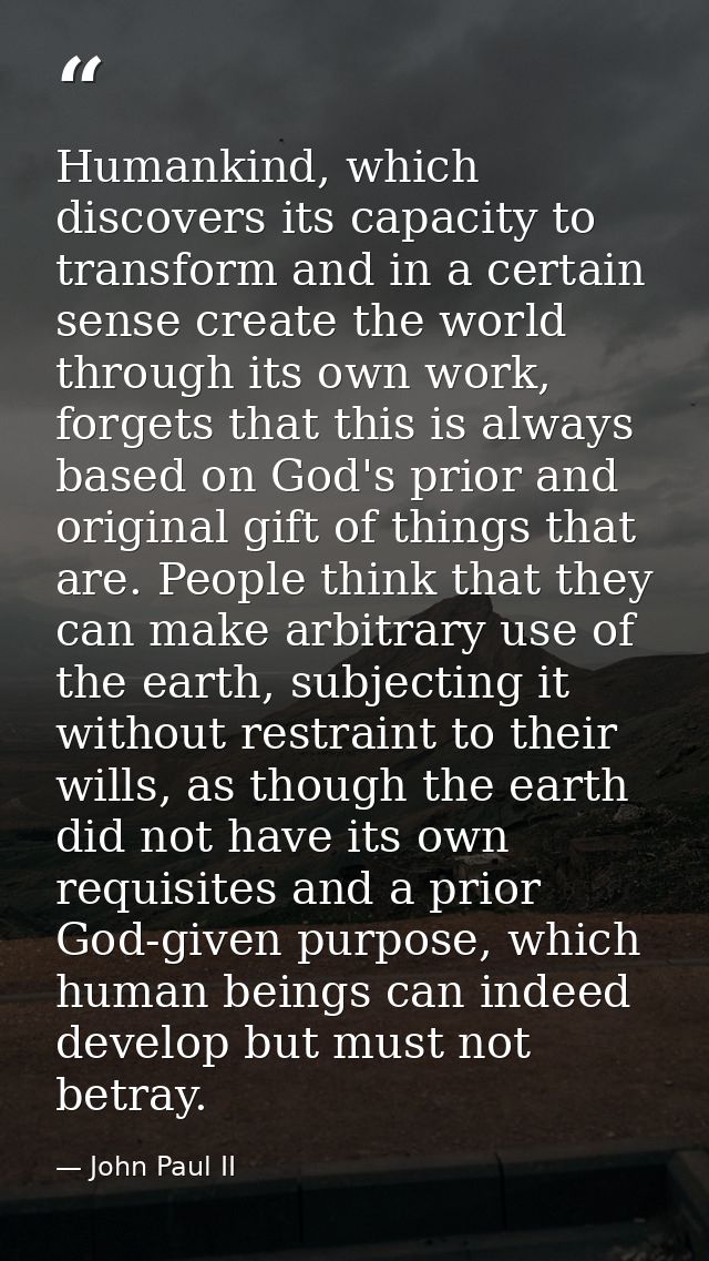 Humankind, which discovers its capacity to transform and in a certain sense create the world through its own work, forge — John Paul II