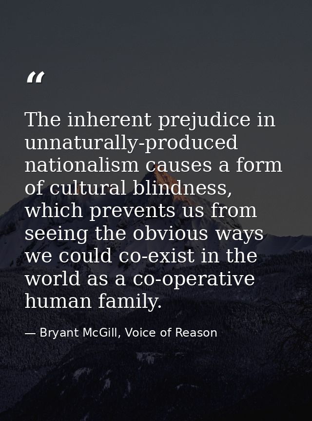 The inherent prejudice in unnaturally-produced nationalism causes a form of cultural blindness, which prevents us from s — Bryant McGill, Voice of Reason