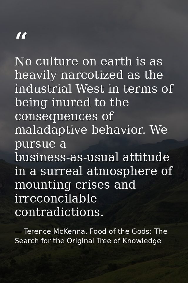 No culture on earth is as heavily narcotized as the industrial West in terms of being inured to the consequences of mala — Terence McKenna, Food of the Gods: The Search for the Original Tree of Knowledge