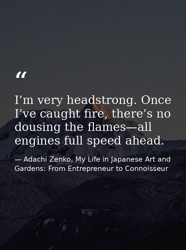 I’m very headstrong. Once I’ve caught fire, there’s no dousing the flames—all engines full speed ahead. — Adachi Zenko, My Life in Japanese Art and Gardens: From Entrepreneur to Connoisseur