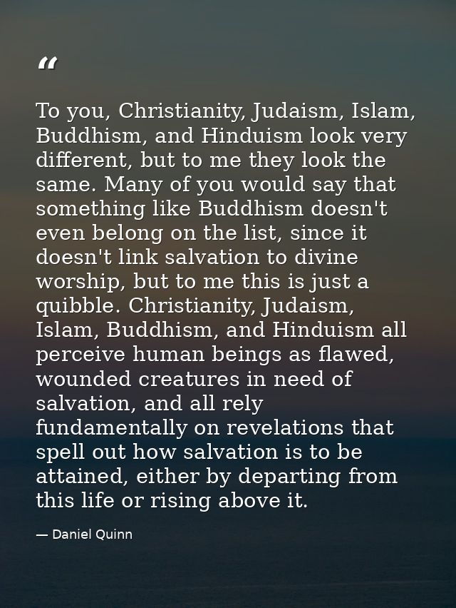 To you, Christianity, Judaism, Islam, Buddhism, and Hinduism look very different, but to me they look the same. Many of  — Daniel Quinn